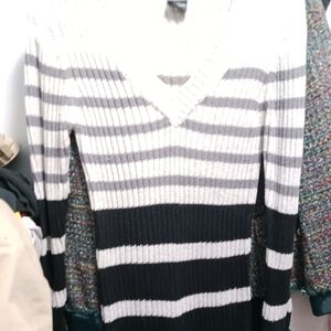Faded Glory Women's V-Neck Sweater - Black and White Stripes